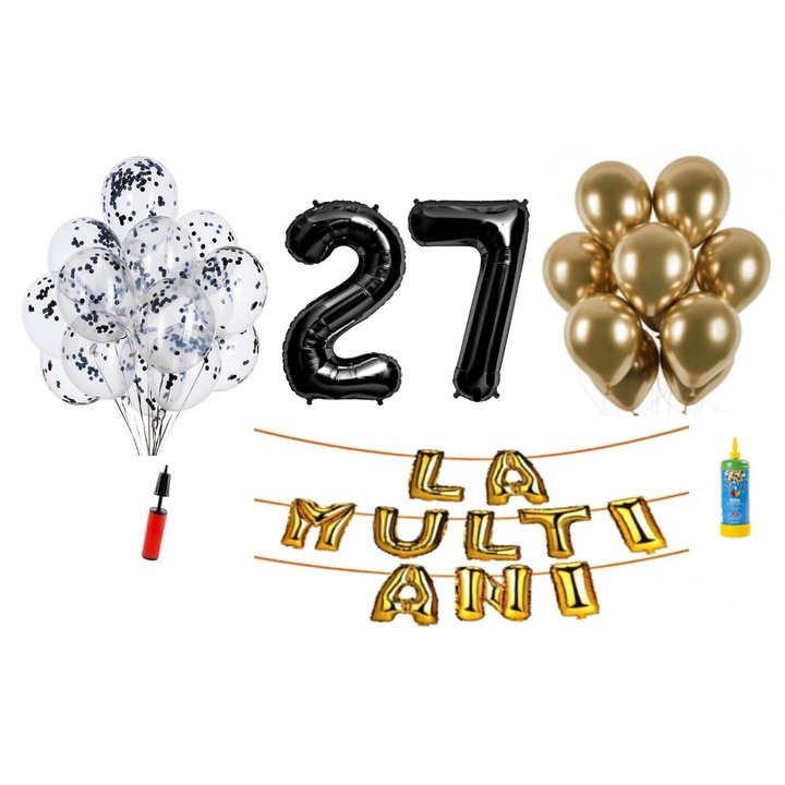 34 db DOMI PARTY & GIFTS lufi készlet, Boldog születésnapot 27 éves évfordulóra, fóliaszámok 100 cm, fekete + hélium palack