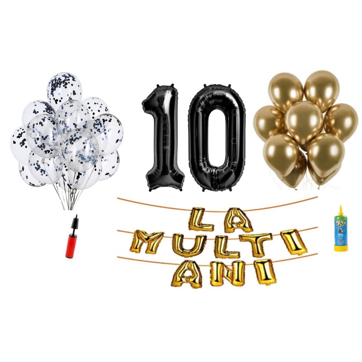 Комплект балони DOMI PARTY & GIFTS, 34 елемента, Happy Birthday 10 години, фолио цифри 101 см, черен + бутилка с хелий
