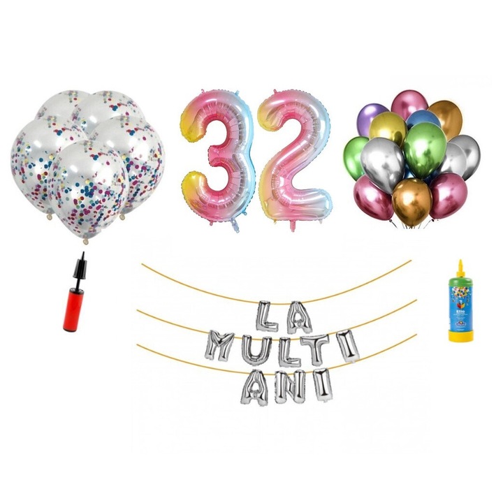 DOMI PARTY & GIFTS lufi szett, 34 elemes, Boldog születésnapot 32 éves, fóliaszámok 101 cm, szivárvány + hélium palack