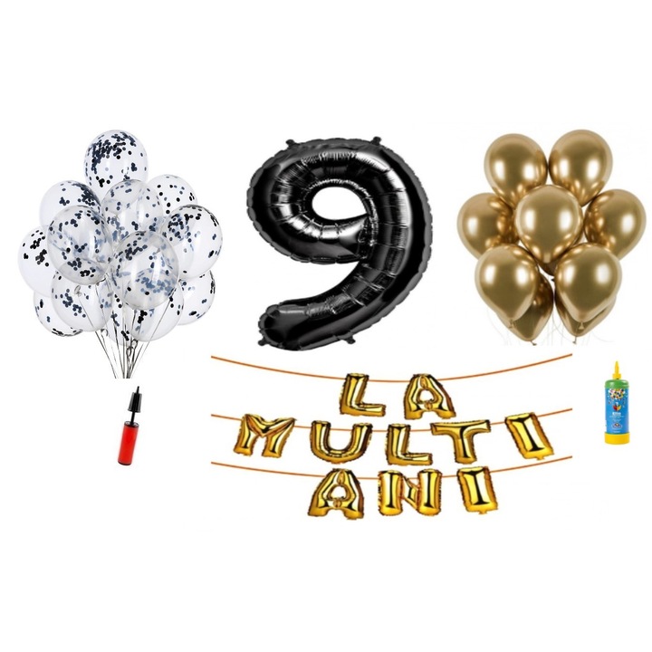33 db DOMI PARTY & GIFTS lufi készlet, Boldog születésnapot 9 éves évfordulóra, fóliaszám 100 cm, fekete + Hélium palack