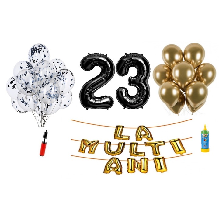 Комплект 34 балона DOMI PARTY & GIFTS, Happy Birthday 23 години юбилей, фолио цифри 100 см, черни + бутилка с хелий