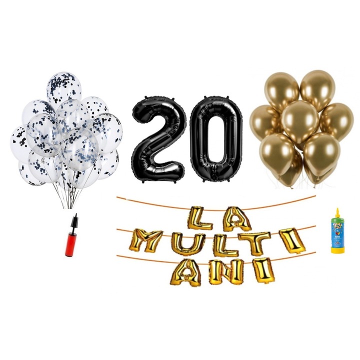 34 db DOMI PARTY & GIFTS lufi készlet, Boldog születésnapot, 20. évfordulót, fóliaszámok 100 cm, fekete + Hélium palack