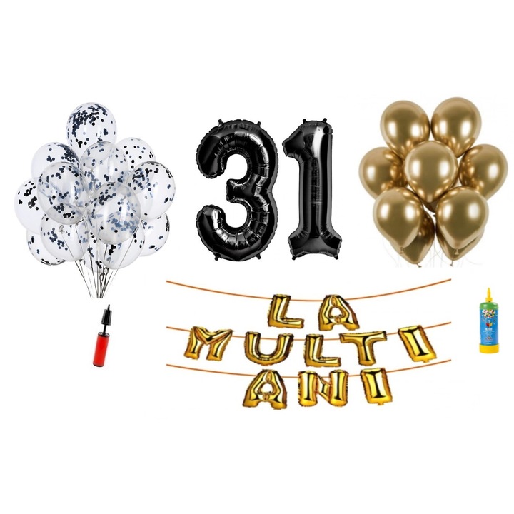 34 db DOMI PARTY & GIFTS lufi készlet, Boldog születésnapot, 31. születésnapot, fóliaszámok 100 cm, fekete + hélium palack