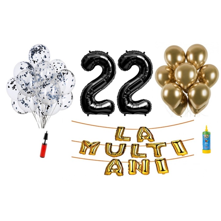 34 db DOMI PARTY & GIFTS lufi készlet, Boldog születésnapot 22 éves évfordulóra, fóliaszámok 100 cm, fekete + hélium palack