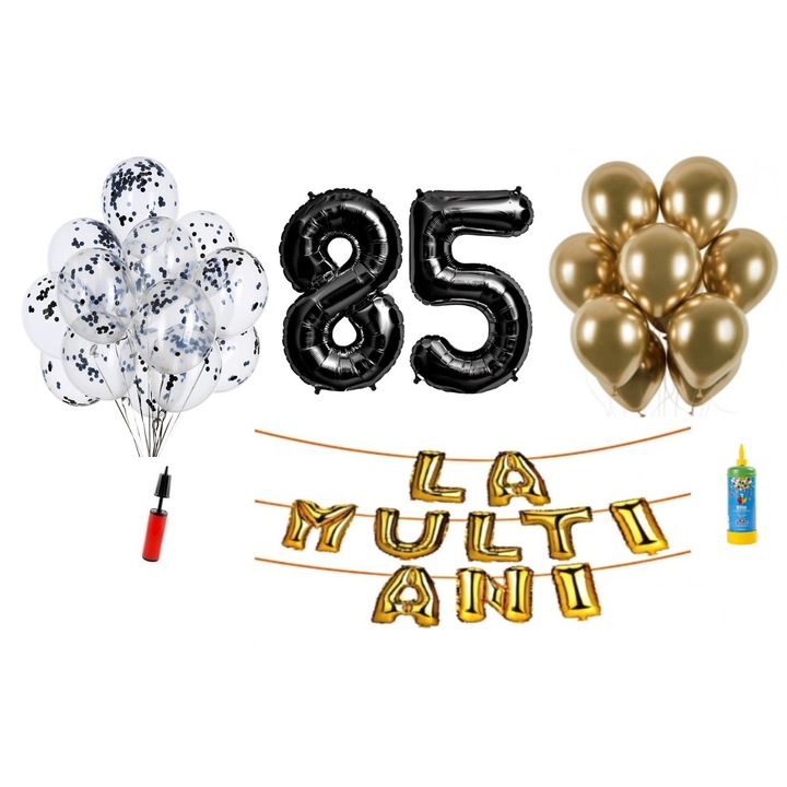 34 db DOMI PARTY & GIFTS lufi készlet, Boldog születésnapot 85 év, fóliaszámok 100 cm, fekete + hélium palack
