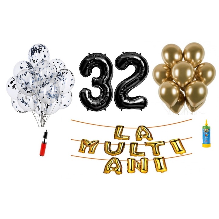 Комплект 34 балона DOMI PARTY & GIFTS, Happy Birthday 32 години юбилей, фолио цифри 100 см, черни + бутилка с хелий