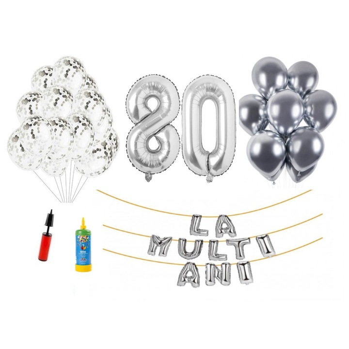34 db DOMI PARTY & GIFTS lufi készlet, Boldog születésnapot 80 éves évfordulóra, fóliaszámok 100 cm, ezüst + hélium palack