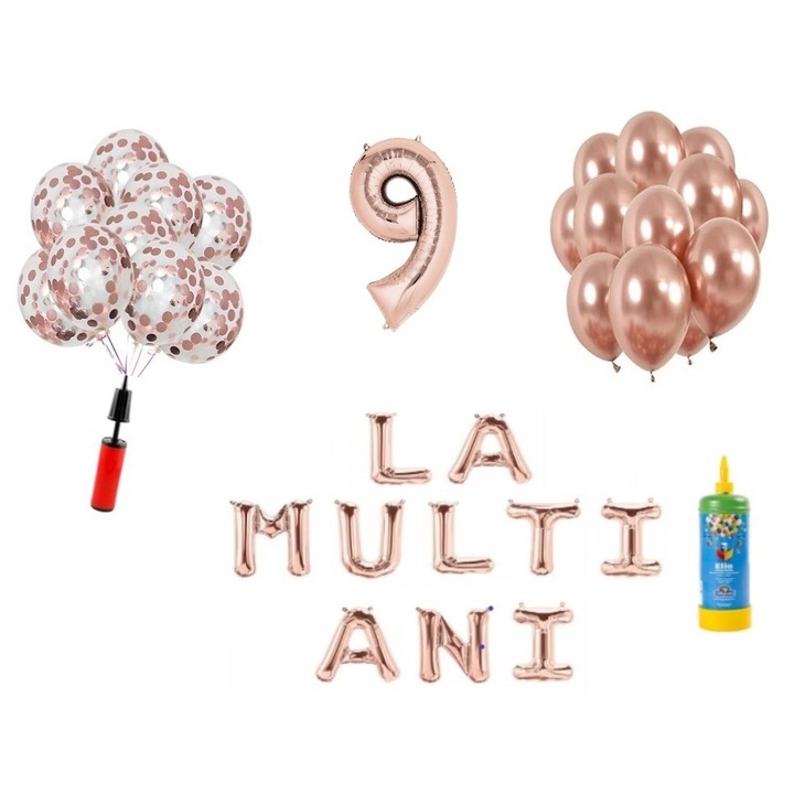 33 db-os DOMI PARTY & GIFTS lufi készlet, Boldog születésnapot 9 éves évfordulóra, 100 cm-es fóliafigura, rózsa arany + hélium palack