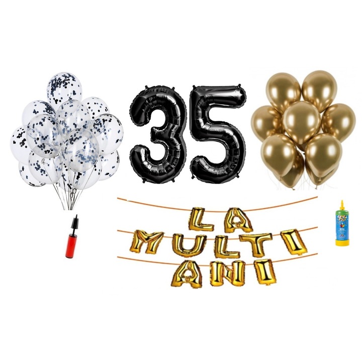 34 db DOMI PARTY & GIFTS lufi készlet, Boldog születésnapot 35 éves évfordulóra, fóliaszámok 100 cm, fekete + hélium palack