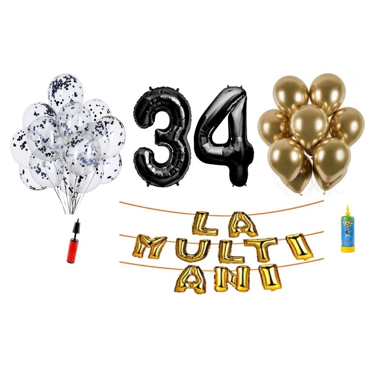 34 db DOMI PARTY & GIFTS lufi készlet, Boldog születésnapot 34 éves évfordulóra, fóliaszámok 100 cm, fekete + hélium palack