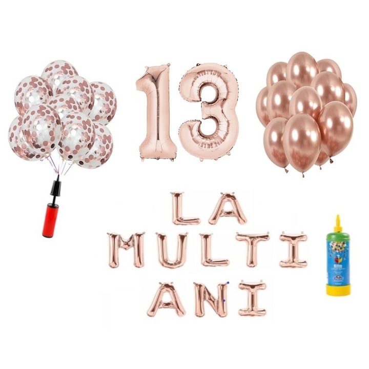 Комплект балони DOMI PARTY & GIFTS, 34 елемента, Happy Birthday 13 години, фолио цифри 101 см, розово злато + бутилка с хелий