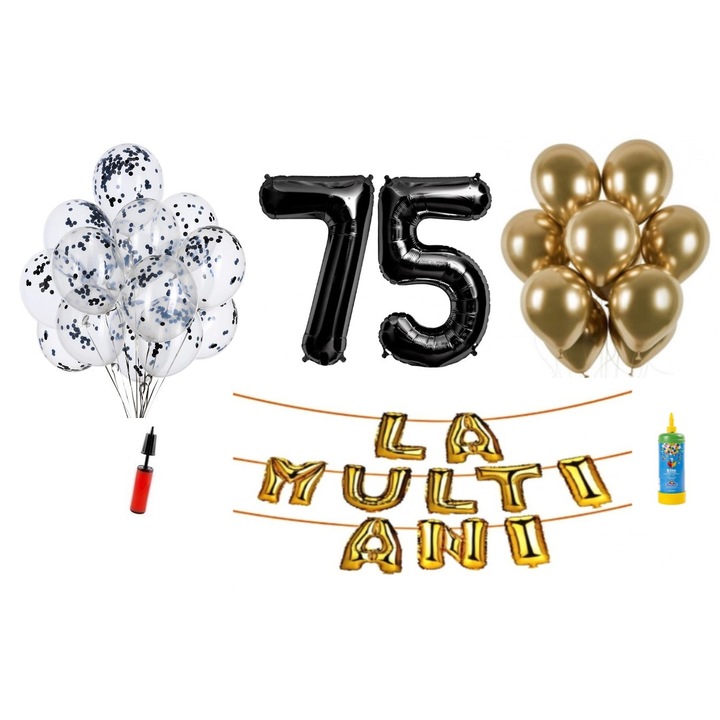34 db DOMI PARTY & GIFTS lufi készlet, Boldog születésnapot 75 éves évfordulóra, fóliaszámok 100 cm, fekete + hélium palack