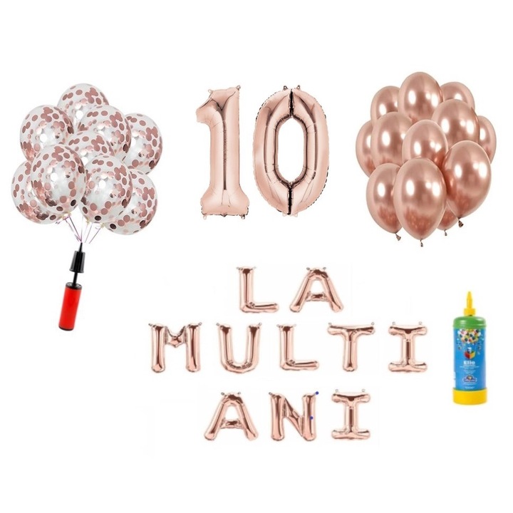34 db DOMI PARTY & GIFTS lufi készlet, Boldog születésnapot 10 éves évfordulóra, fóliaszámok 100 cm, rózsa arany + hélium palack