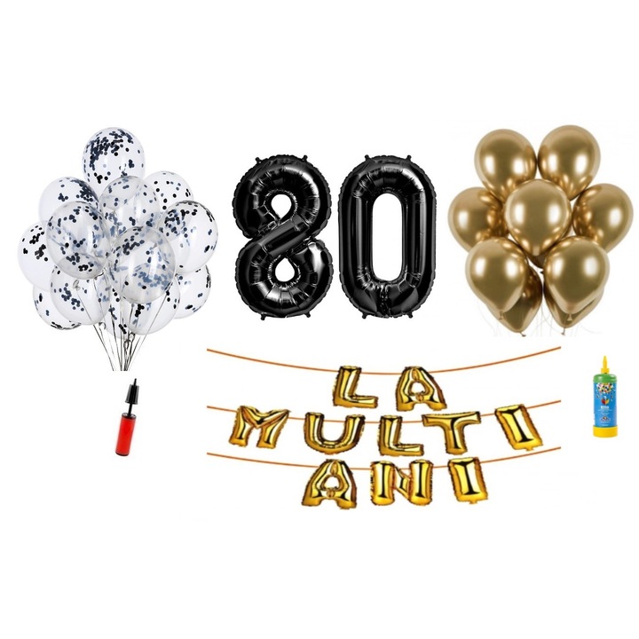 Комплект балони DOMI PARTY & GIFTS, 34 елемента, Happy Birthday 80 години, фолио цифри 101 см, черен + бутилка с хелий