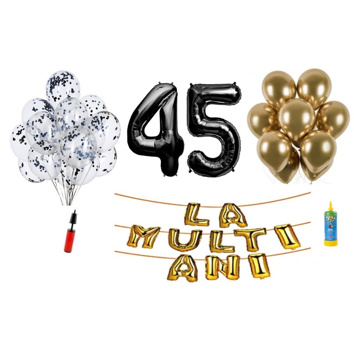 34 db DOMI PARTY & GIFTS lufi készlet, Boldog születésnapot 45 éves évfordulóra, fóliaszámok 100 cm, fekete + hélium palack