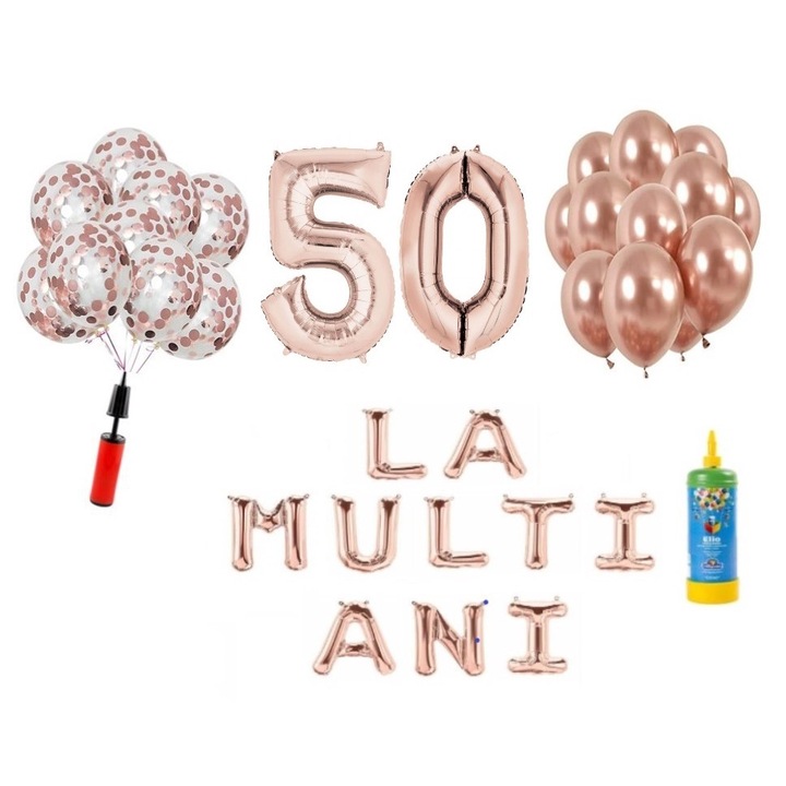 Комплект 34 балона DOMI PARTY & GIFTS, Честит рожден ден, 50 годишнина, фолио цифри 100 см, розово злато + бутилка с хелий