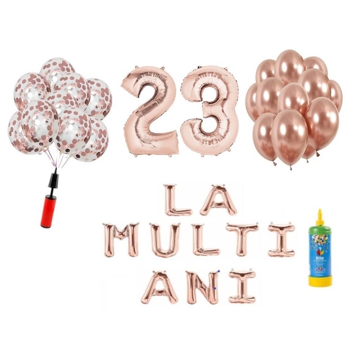 Set 34 baloane DOMI PARTY & GIFTS, La Multi Ani aniversare 23 ani, cifre folie 100 cm, rose gold + Butelie de heliu