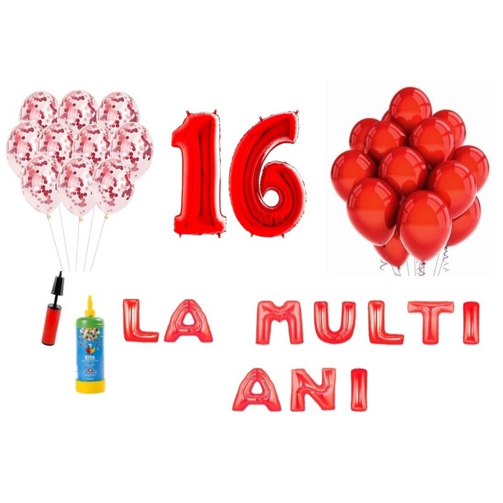 34 db DOMI PARTY & GIFTS lufi készlet, Boldog születésnapot 16 éves évfordulóra, fóliaszámok 100 cm, piros + Hélium palack