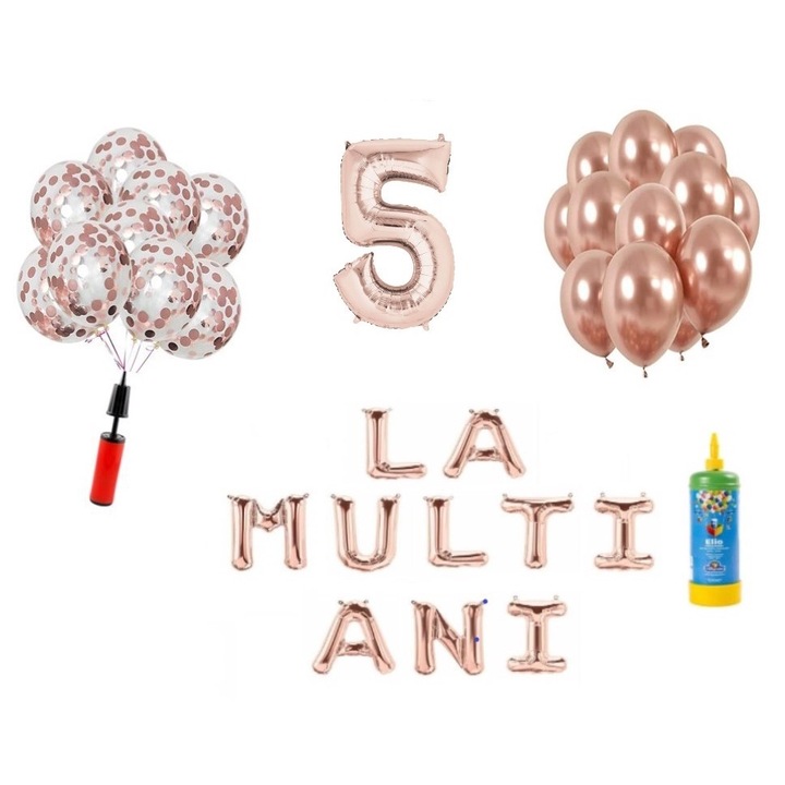 DOMI PARTY & GIFTS lufi szett, 33 elemes, Boldog születésnapot 5 éves évfordulóra, fóliaszám 101 cm, rózsaszín arany + hélium palack