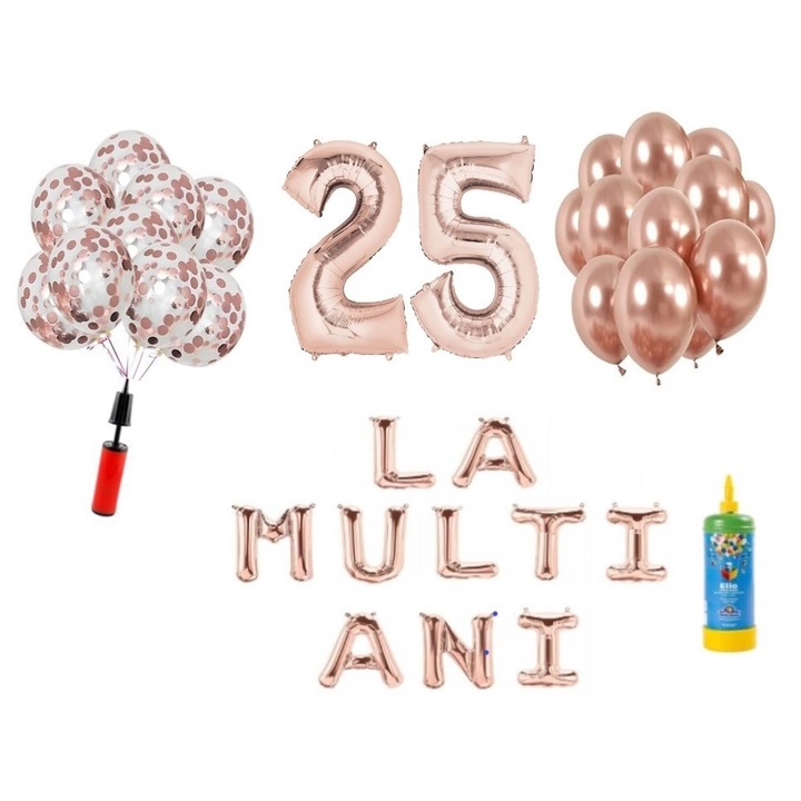 Комплект балони DOMI PARTY & GIFTS, 34 елемента, Happy Birthday 25 години юбилей, фолио цифри 101 см, розово злато + бутилка Хелий