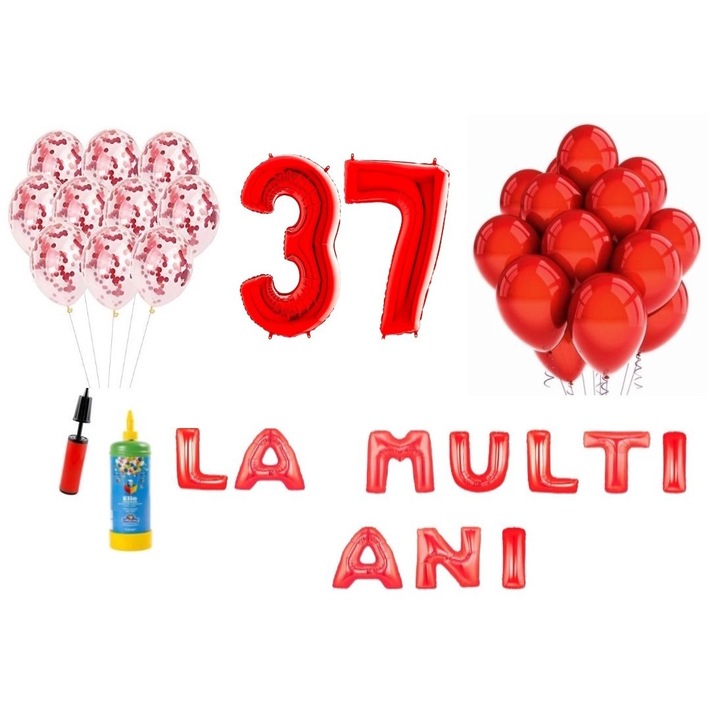 34 db DOMI PARTY & GIFTS lufi készlet, Boldog születésnapot 37 éves évfordulóra, fóliaszámok 100 cm, piros + Hélium palack