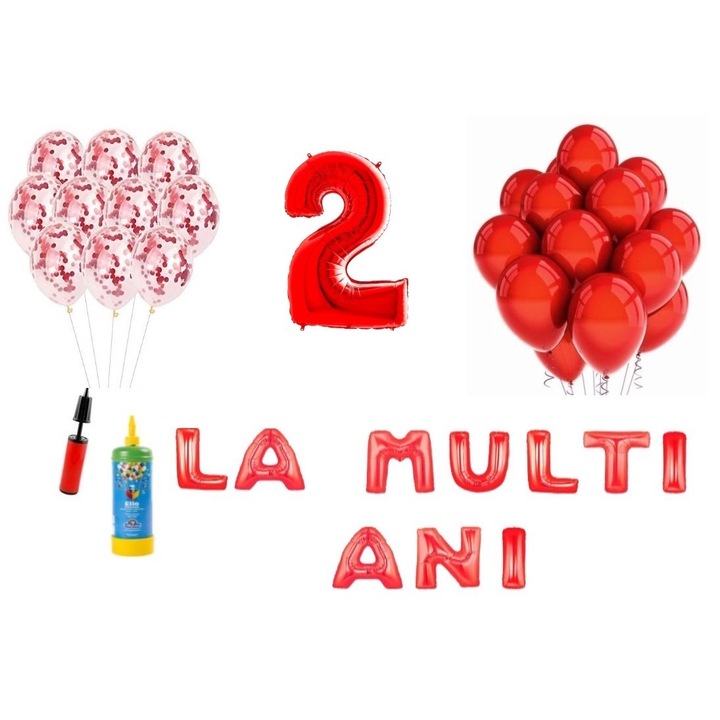33 db DOMI PARTY & GIFTS lufi készlet, Boldog születésnapot 2 éves évfordulóra, fóliaszám 100 cm, piros + Hélium palack