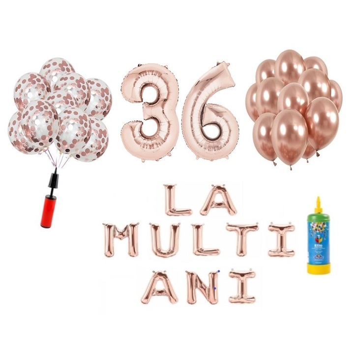 34 db DOMI PARTY & GIFTS lufi készlet, Boldog születésnapot 36 éves évfordulóra, fóliaszámok 100 cm, rózsa arany + hélium palack