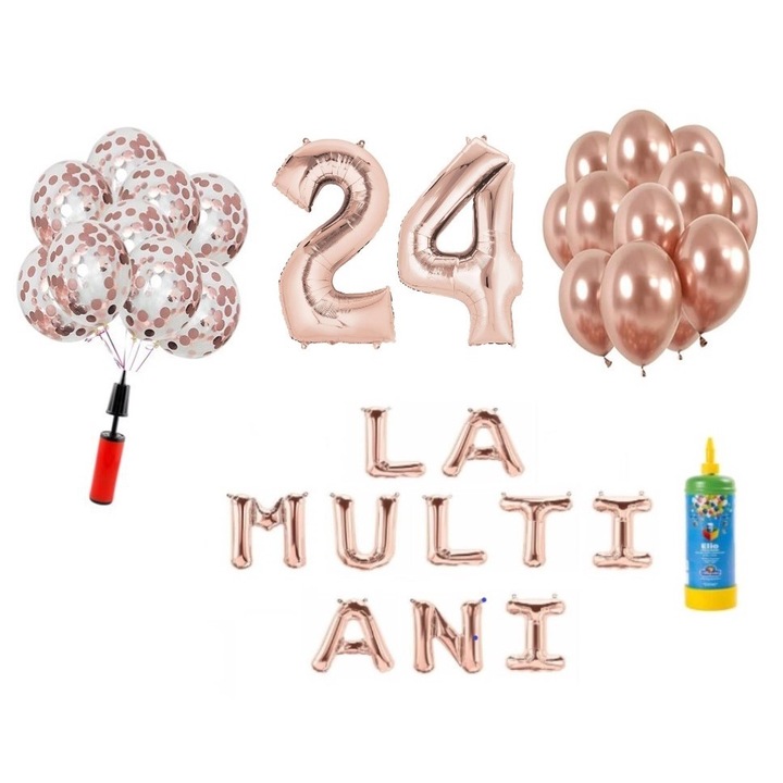 34 db DOMI PARTY & GIFTS lufi készlet, Boldog születésnapot, 24. évfordulót, fóliaszámok 100 cm, rózsaszín arany + hélium palack