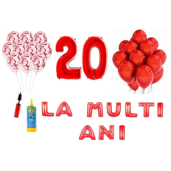 34 db DOMI PARTY & GIFTS lufi készlet, Boldog születésnapot, 20. évfordulót, fóliaszámok 100 cm, piros + Hélium palack