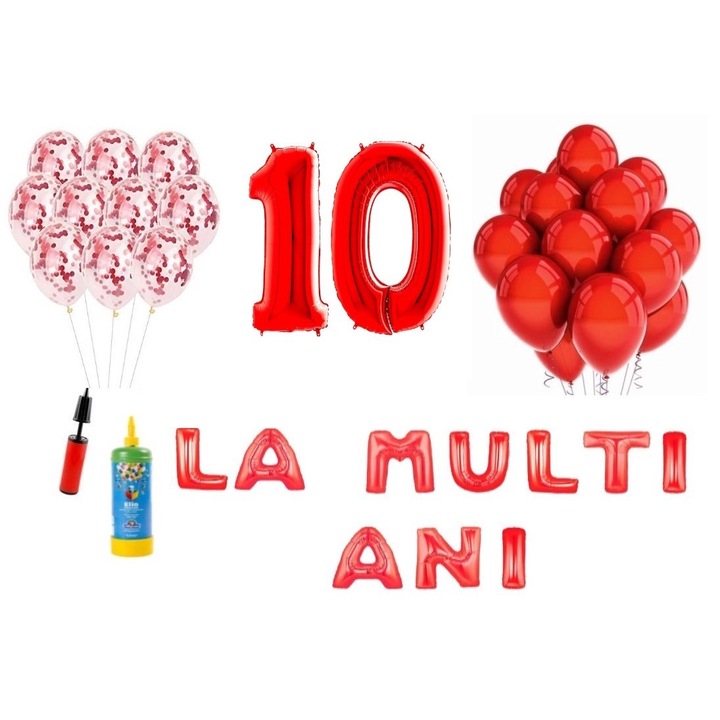 Комплект балони DOMI PARTY & GIFTS, 34 елемента, Happy Birthday 10 години, фолио цифри 101 см, червено + бутилка с хелий