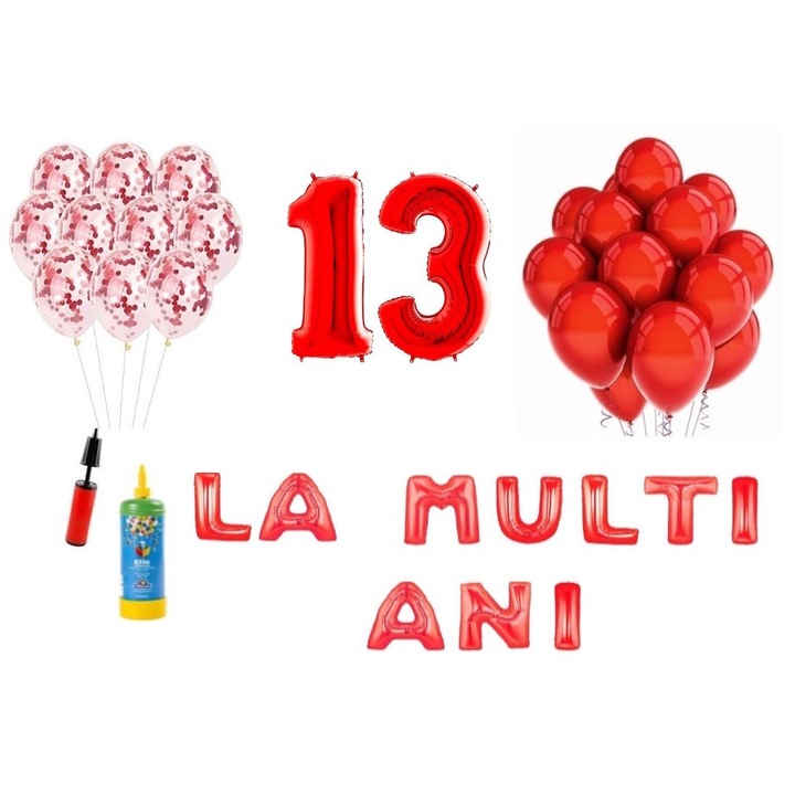 Комплект балони DOMI PARTY & GIFTS, 34 елемента, Happy Birthday 13 години юбилей, фолио цифри 101 см, червено + бутилка с хелий