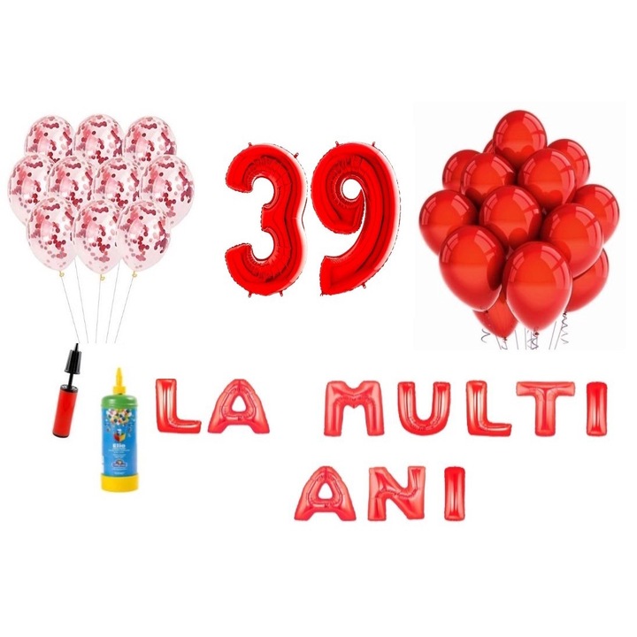 34 db DOMI PARTY & GIFTS lufi készlet, Boldog születésnapot 39 éves évfordulóra, fóliaszámok 100 cm, piros + Hélium palack