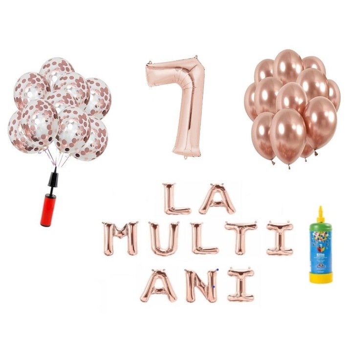 33 db-os DOMI PARTY & GIFTS lufi készlet, Boldog születésnapot 7 éves évfordulóra, 100 cm-es fóliafigura, rózsaszín arany + hélium palack