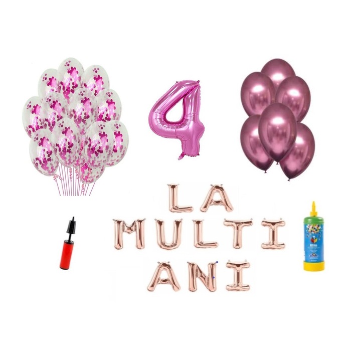 DOMI PARTY & GIFTS lufi szett, 33 elemes, Boldog születésnapot 4 éves évfordulóra, fóliaszám 101 cm, rózsaszín + Hélium palack
