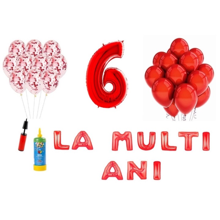 33 db-os DOMI PARTY & GIFTS lufi készlet, Boldog születésnapot 6 éves évfordulóra, 100 cm-es fóliafigura, piros + Hélium palack