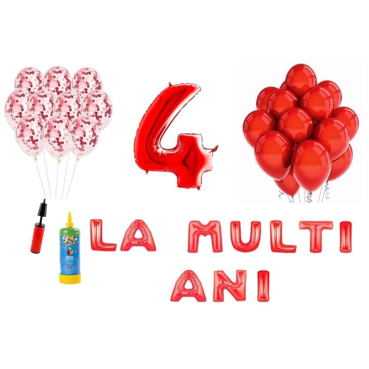 33 db DOMI PARTY & GIFTS lufi készlet, Boldog születésnapot 4 éves évfordulóra, fóliaszám 100 cm, piros + Hélium palack