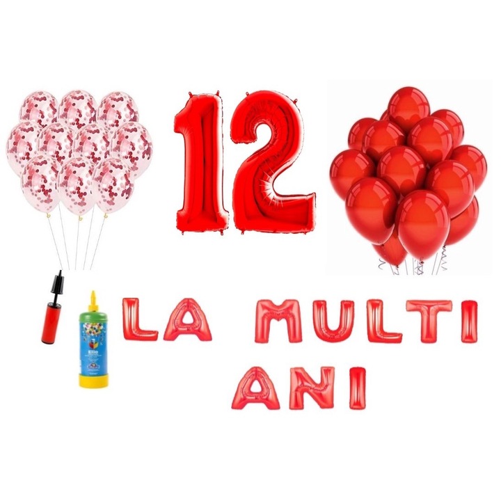 DOMI PARTY & GIFTS lufi szett, 34 elemes, Boldog születésnapot 12 éves évfordulóra, fóliaszámok 101 cm, piros + Hélium palack