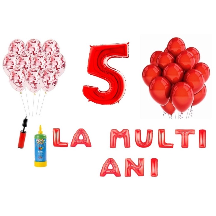 33 db DOMI PARTY & GIFTS lufi készlet, Boldog születésnapot 5 éves évfordulóra, fóliaszám 100 cm, piros + Hélium palack