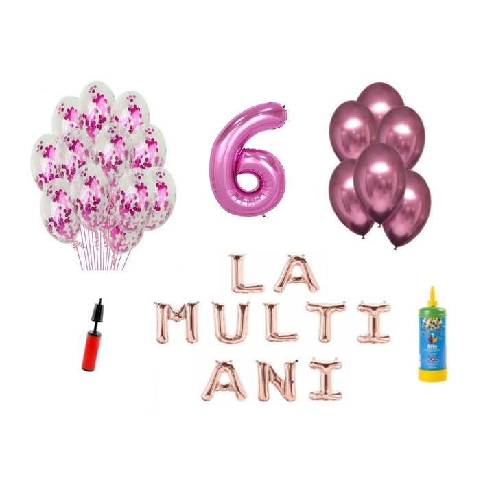33 db DOMI PARTY & GIFTS lufi készlet, Boldog születésnapot 6 éves évfordulóra, 100 cm-es fóliafigura, rózsaszín + Hélium palack