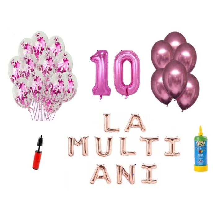 DOMI PARTY & GIFTS lufi szett, 34 elemes, Boldog születésnapot 10 éves évfordulóra, fóliaszámok 101 cm, rózsaszín + Hélium palack