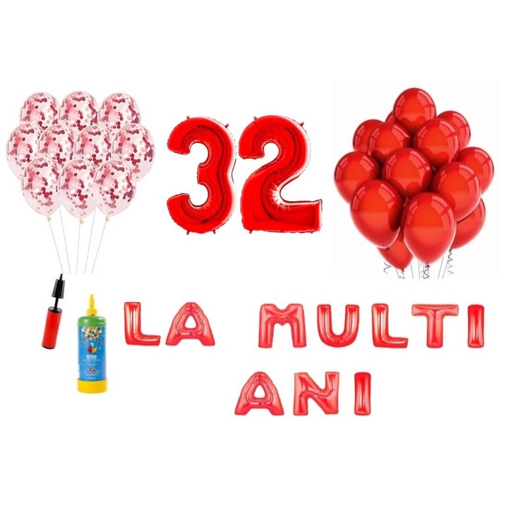 DOMI PARTY & GIFTS lufi szett, 34 elemes, Boldog születésnapot 32 éves, fóliaszámok 101 cm, piros + Hélium palack
