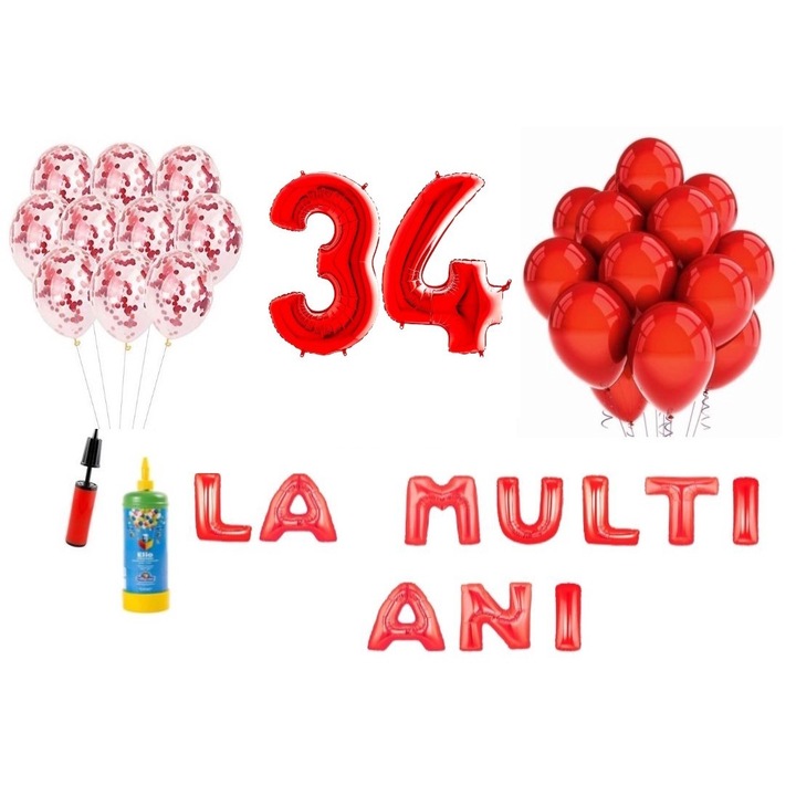 34 db DOMI PARTY & GIFTS lufi készlet, Boldog születésnapot 34 éves évfordulóra, fóliaszámok 100 cm, piros + Hélium palack