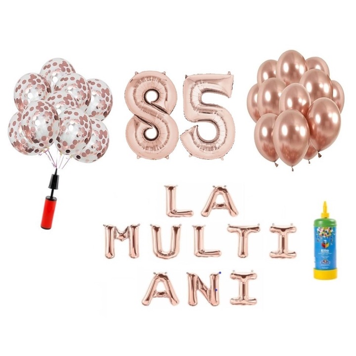 Комплект 34 балона DOMI PARTY & GIFTS, Happy Birthday 85 години юбилей, фолио цифри 100 см, розово злато + бутилка с хелий
