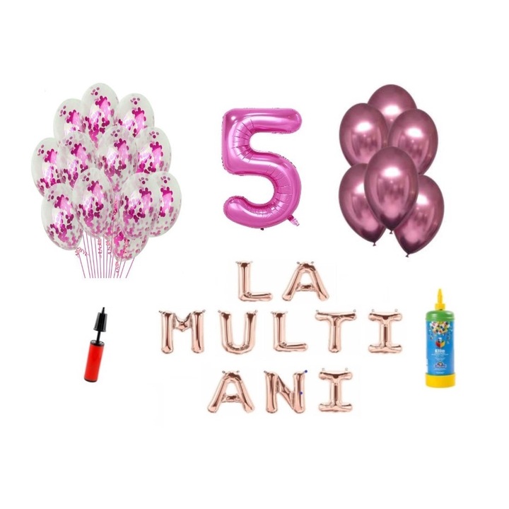 33 db-os DOMI PARTY & GIFTS lufi szett, Boldog születésnapot 5 éves évfordulóra, fóliaszám 100 cm, rózsaszín + hélium palack