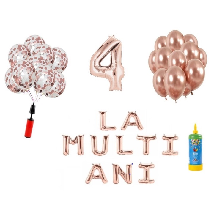 33 db DOMI PARTY & GIFTS lufi készlet, Boldog születésnapot 4 éves évfordulóra, 100 cm-es fóliafigura, rózsa arany + hélium palack