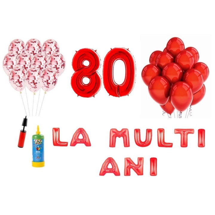 34 db DOMI PARTY & GIFTS lufi készlet, Boldog születésnapot 80 éves évfordulóra, fóliaszámok 100 cm, piros + Hélium palack