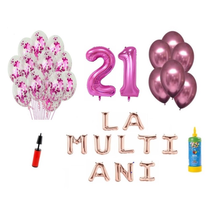 Комплект 34 балона DOMI PARTY & GIFTS, Честит рожден ден, 21-ви рожден ден, фолио цифри 100 см, розови + бутилка с хелий