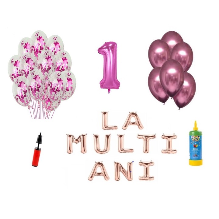 33 db-os DOMI PARTY & GIFTS lufi készlet, Boldog születésnapot 1 éves évfordulóra, fóliaszám 100 cm, rózsaszín + Hélium palack