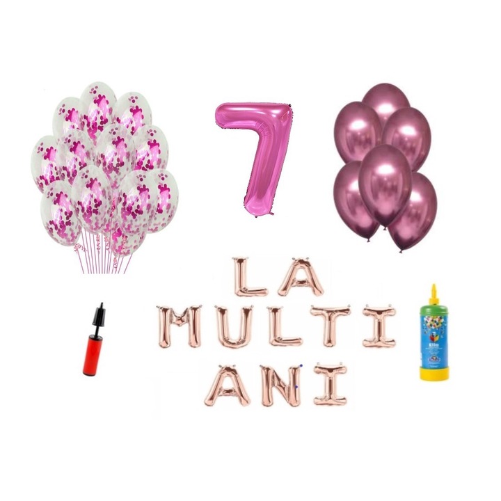 33 db DOMI PARTY & GIFTS lufi készlet, Boldog születésnapot 7 éves évfordulóra, fóliaszám 100 cm, rózsaszín + Hélium palack
