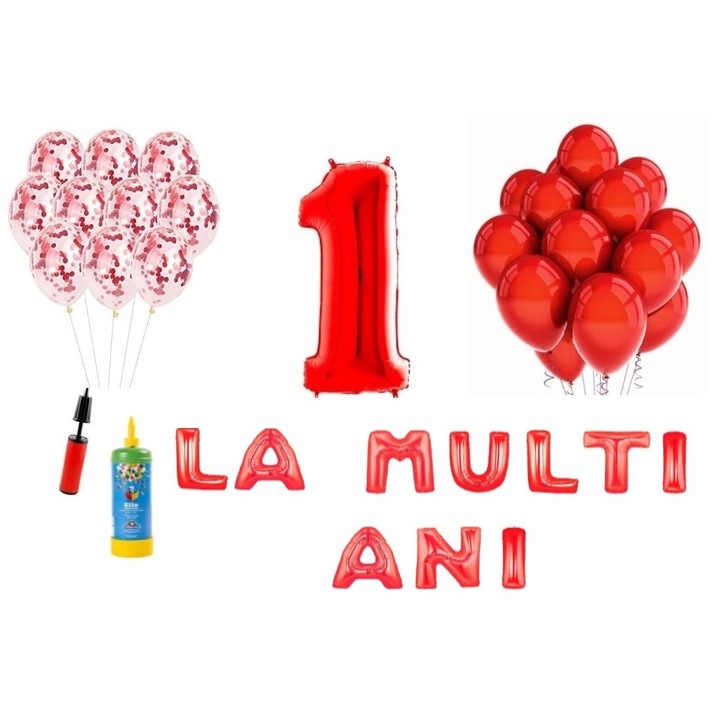 33 db-os DOMI PARTY & GIFTS lufi készlet, Boldog születésnapot 1 éves évfordulóra, fóliafigura 100 cm, piros + Hélium palack